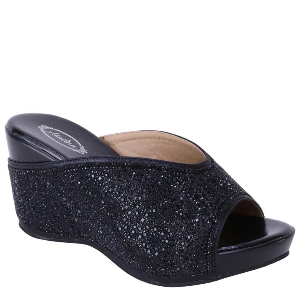 Restock! Best Seller Italina Black Tie Rhinestone Embellished Wedge Sandal - Picture 2 of 11
